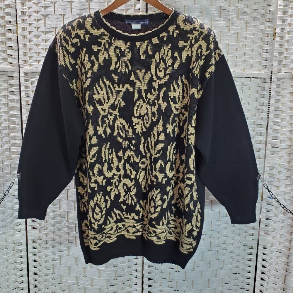 Vintage Maggie Mcnaughton Womens 3X Pullover Tunic Black Gold Shoulder Pads Plus